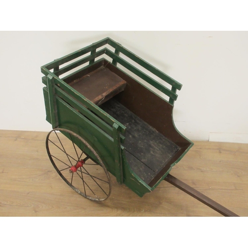 345 - An antique green painted Hand Cart with metal spoked wheels 5ft 8in L