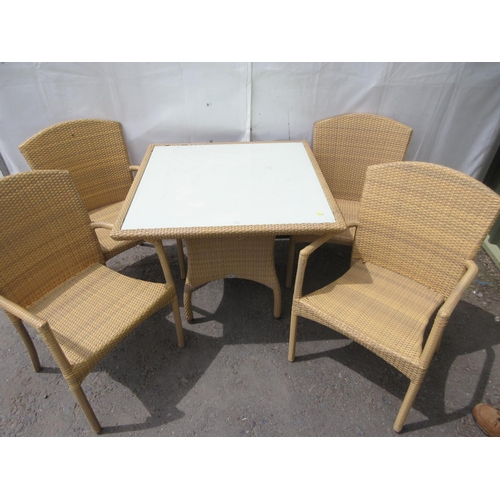 35 - A wicker effect square Garden Table 3ft W x 2ft 5in H and four Chairs