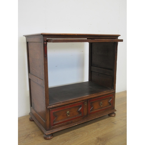 359 - A moulded oak TV Cabinet in the form of a 17th Century Chest on bun feet 3ft H x 2ft 11in W