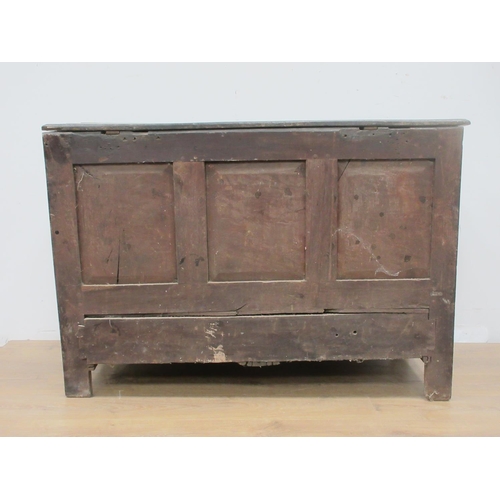 363 - An 18th Century oak Mule Chest with three carved panels above two drawers 4ft W x 2ft 1on H