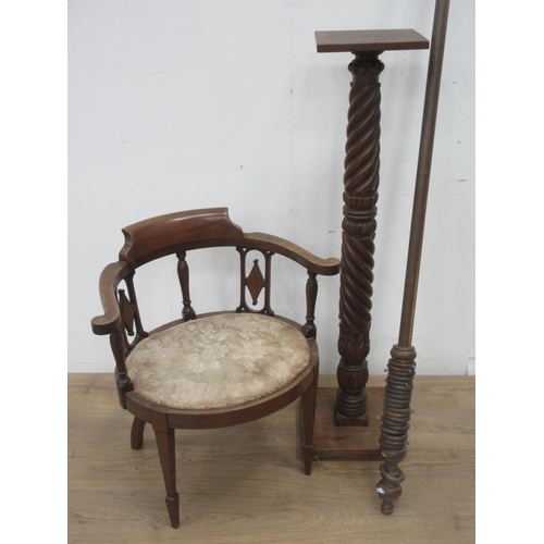 370 - A wooden Curtain Pole, carved Torchiere and an Edwardian mahogany Elbow Chair