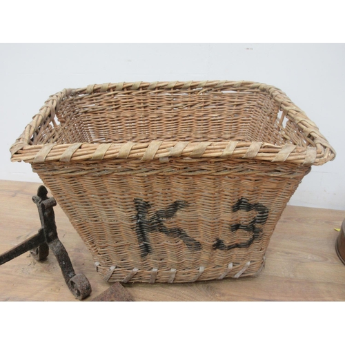 374 - A wicker log Basket 2ft 2in W x 1ft 6in H, two copper Light Shades, a mahogany Footstool, three cast... 