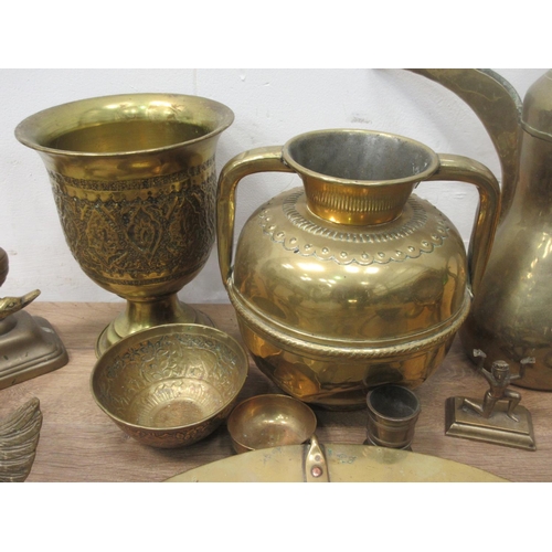 382 - A box of brass and copper including Candlesticks, Coffee Pots, pedestal Urn, etc