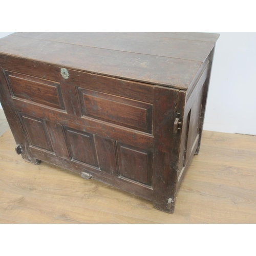 393 - An 18th Century panelled oak Grain Bin/Coffer with three plank lid and exposed joints 4ft W x 2ft 11... 