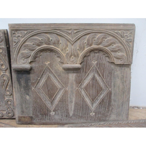 411 - A box of 17th Century carved oak Panels, two wooden Patterns and a tin Deeds Box