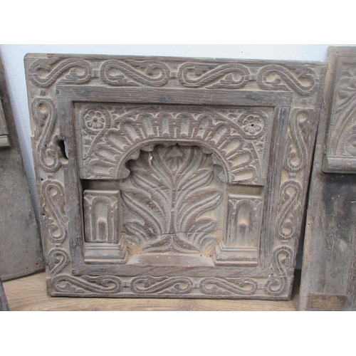 411 - A box of 17th Century carved oak Panels, two wooden Patterns and a tin Deeds Box