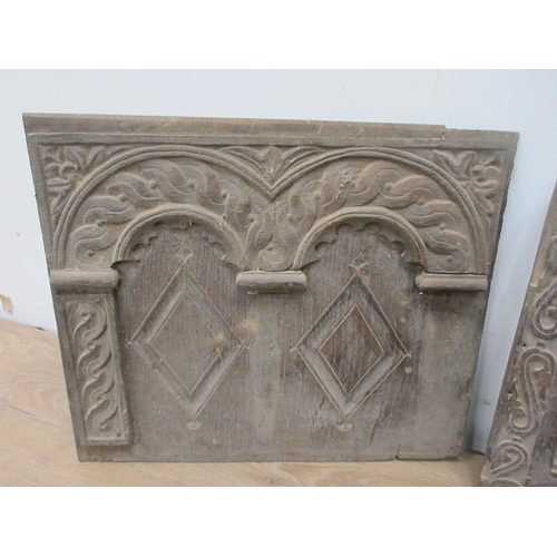 411 - A box of 17th Century carved oak Panels, two wooden Patterns and a tin Deeds Box