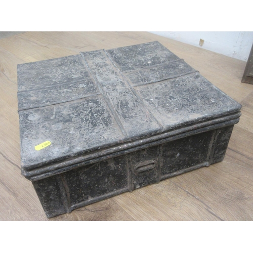 411 - A box of 17th Century carved oak Panels, two wooden Patterns and a tin Deeds Box