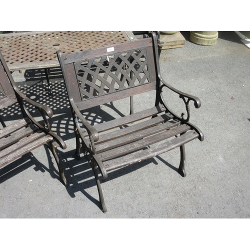 476 - A pair of Garden Benches with metal ends and a pair of Garden Chairs