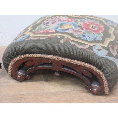 493 - A pair of Victorian rosewood Footstools with needlework floral tops 1ft 4in W x 6in H