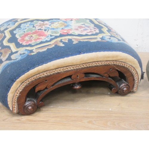 493 - A pair of Victorian rosewood Footstools with needlework floral tops 1ft 4in W x 6in H