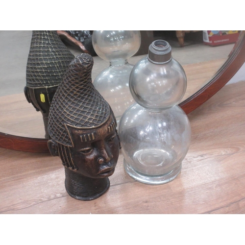 498 - A bronze effect Benin Head, a glass double gourd shaped Vase and an Edwardian mahogany and inlaid ov... 