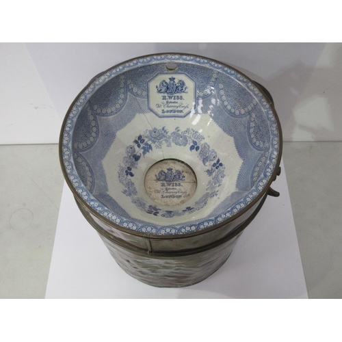 127 - An antique copper Bucket with ceramic blue and white liner by R. Wiss, London 1ft 3in H x 1ft 1in D