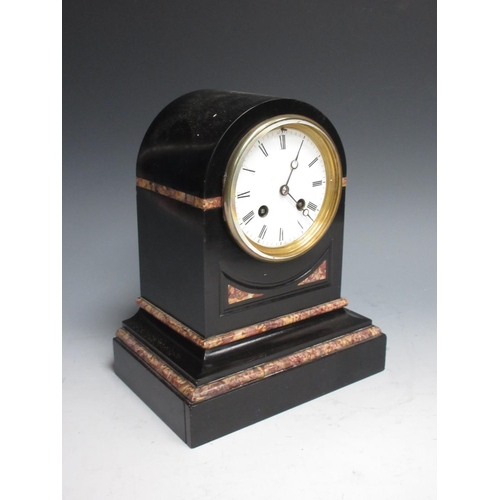 148 - A black slate and pink marble Mantle Clock with enamel dial 10in H