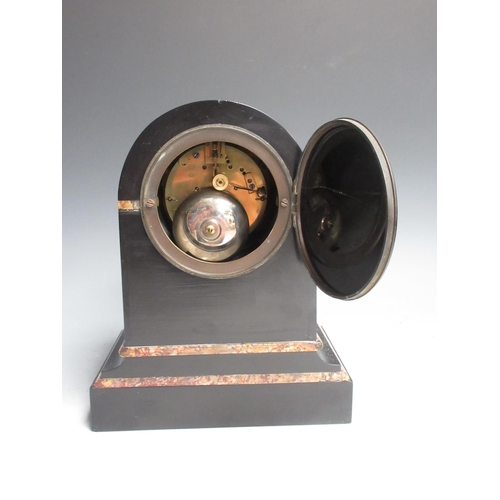 148 - A black slate and pink marble Mantle Clock with enamel dial 10in H