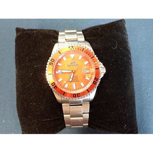 156 - A gentleman's Seapro Scuba 200 Automatic Wristwatch the orange dial with baton markers, sweep second... 