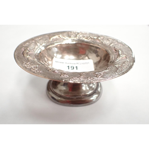 191 - An Indian small communion style oval Bowl with frieze and figures in landscape on pedestal base, 3 x... 