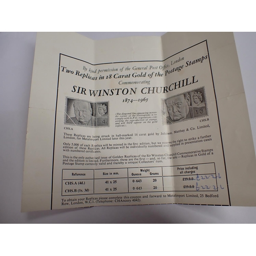 212 - Sir Winston Churchill, a cased pair of 18ct gold replica Stamps with Metalport Ltd Certificates