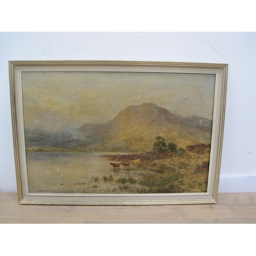 228 - L. RIDGERS. A Loch landscape with Highland Cattle; and 'Feeding the Chickens', signed, oil on canvas... 