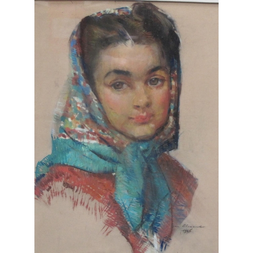 237 - LENA ALEXANDER. 'The Patterned Scarf', signed and dated 1945, inscribed on label verso, pastel, 19 x... 