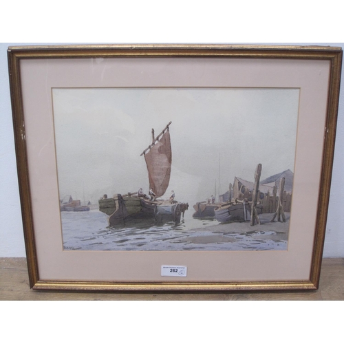 262 - BERRY. Unloading cargo from a boat, signed, watercolour, 11 x 15 1/4in; together with an oil paintin... 