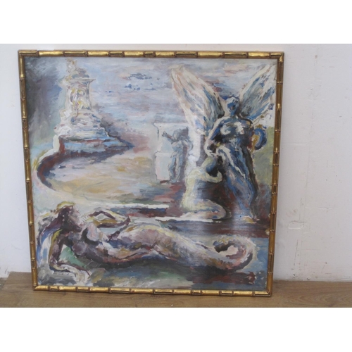 272 - ENGLISH SCHOOL, 20th CENTURY. Mermaid and garden Statuary, oil on paper, 28 x 27 1/2in