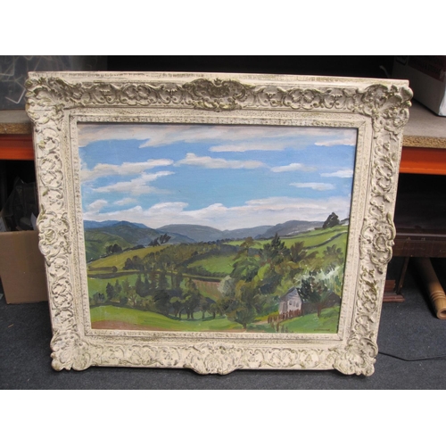 275 - IAIN MACNAB. Welsh landscape, signed, oil on canvas, 21 x 24 1/2in; together with a mirror; colour p... 