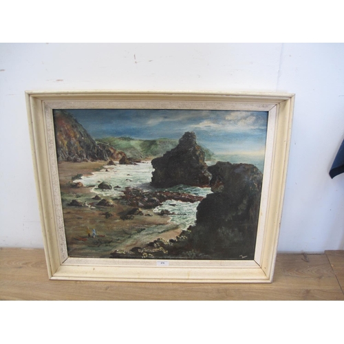 276 - MEG LEMON. 'A Rocky Coast', signed, oil on board, inscribed with artist's address 'Prospect House, B... 