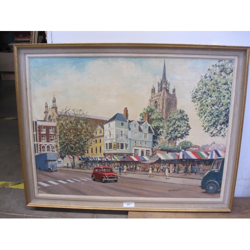 277 - A.W. FREEBORN. Norwich Market Place, signed, oil on canvas board, 22 1/2 x 30 1/2