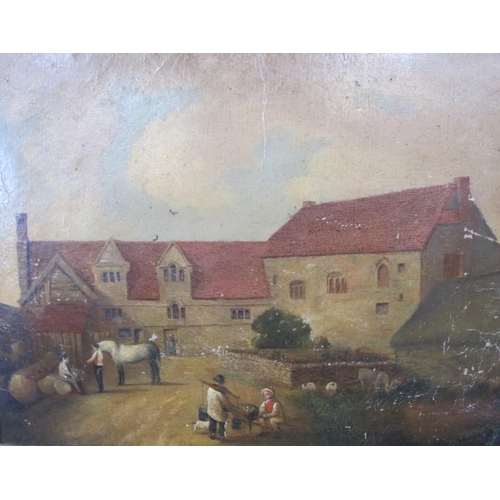 291 - AFTER GEORGE MORLAND. In a farmyard, sepia wash on paper, laid down on canvas, 12 1/2 x 15 1/2; an o... 