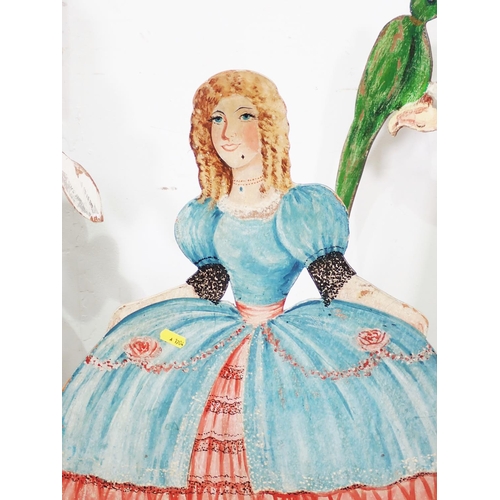 374 - Three cut out painted wooden figures of Ladies in period costume  3ft 6in H, 3ft 3in H and 2ft 9in H