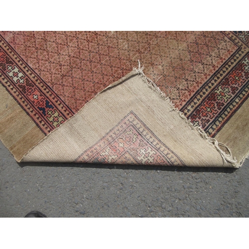 398 - A bordered Oriental Rug with beige surround and pink central ground, 10ft 6in x 5ft