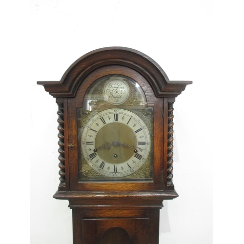 406 - An oak cased Tempus Fugit Grandmother Clock with brass arched dial 5ft 8in H