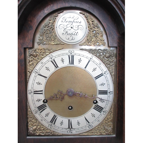 406 - An oak cased Tempus Fugit Grandmother Clock with brass arched dial 5ft 8in H