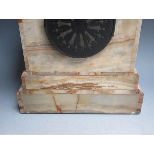 422 - A Victorian marble architectural Clock with classical frieze and metal mounts 1ft 1in H x 10in W