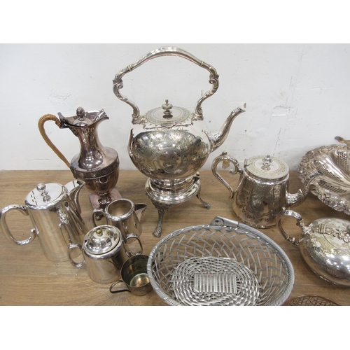 481 - Box of plated ware including Hot Water Jug, Tea Service, pierced Dish, Wine Coaster,  Basket, etc