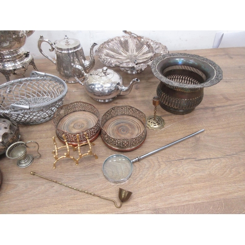 481 - Box of plated ware including Hot Water Jug, Tea Service, pierced Dish, Wine Coaster,  Basket, etc