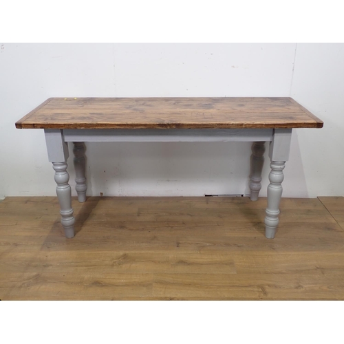 62 - A painted pine scrub top Farmhouse Table on turned supports 5ft 6in L x 2ft 7in H