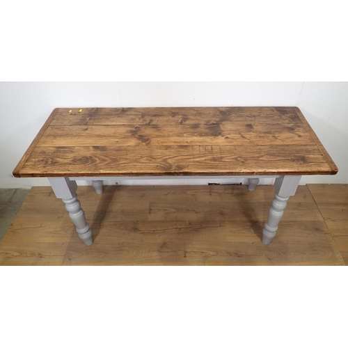 62 - A painted pine scrub top Farmhouse Table on turned supports 5ft 6in L x 2ft 7in H