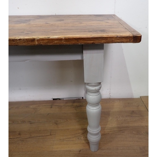 62 - A painted pine scrub top Farmhouse Table on turned supports 5ft 6in L x 2ft 7in H