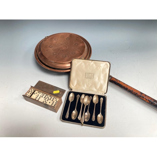 816 - A set of bone Dominoes, cased set of Tea Spoons and an antique copper Warming Pan