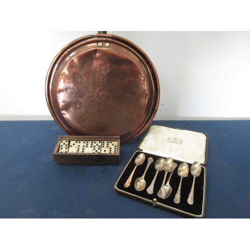 816 - A set of bone Dominoes, cased set of Tea Spoons and an antique copper Warming Pan