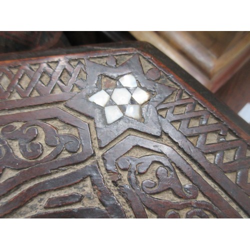 11 - A North African carved hardwood and mother of pearl inlaid hexagonal Table 1ft 10in W x 1ft 9in H