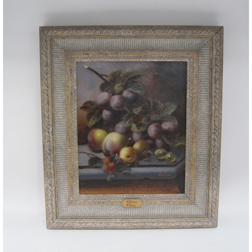 230 - ATTRIBUTED TO OLIVER CLARE. A still life of assorted fruit on a ledge, bears signature, oil on board... 