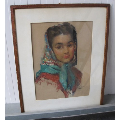 237 - LENA ALEXANDER. 'The Patterned Scarf', signed and dated 1945, inscribed on label verso, pastel, 19 x... 