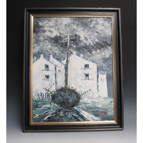 256 - GRANT. 'A Boat before a House', signed, acrylic on board, 26 x 20in; together with two watercolours ... 