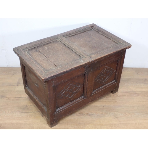 43 - A 17th Century oak Coffer with carved two panel front of small proportions 2ft 6in W x 1ft 7in  A/F