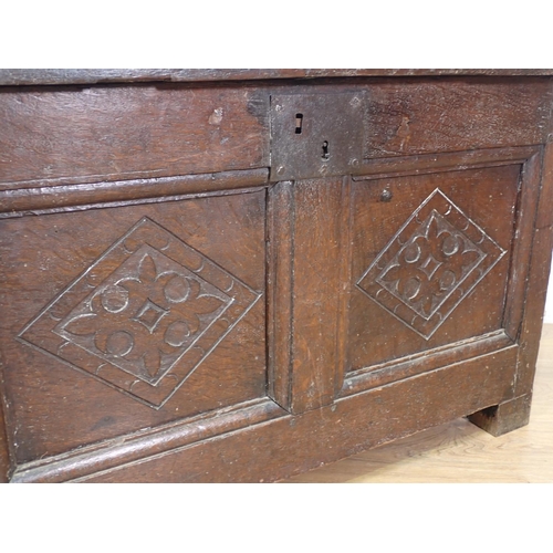 43 - A 17th Century oak Coffer with carved two panel front of small proportions 2ft 6in W x 1ft 7in  A/F