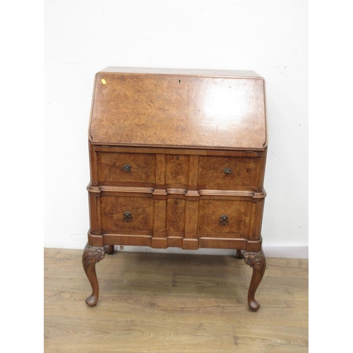 108 - A Queen Anne style Bureau fitted two drawers on carved cabriole supports 3ft 5in H x 2ft 5in H