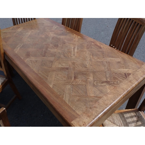 123 - A modern hardwood Dining Table on square cut supports 5ft 9in W x 2ft 6in H and a set of six Dining ... 